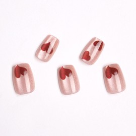 BFY Cat's Eye Press on Nails Medium Nude Pink Square Fake Nails, Wine Red Hearts Holographic Glitter Acrylic Nails Kits for Women Girls, Salon Quality Gel False Nails Stick Glue on Nails Tips 24 Pcs