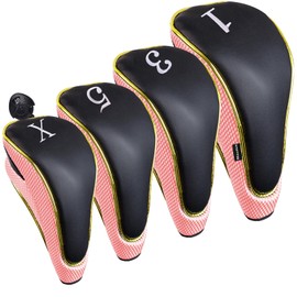 Andux 4Pcs/Set Gold Golf 460cc Driver Fairway Wood Club Head Covers Hook & Loop Pink