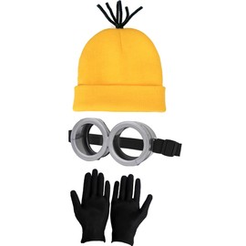 Coraline 3 Pcs Vintage Steampunk Goggles Glasses Yellow Torsion Bar Beanie Knit Hats Black Gloves for Men Costume Accessories (Yellow-1)