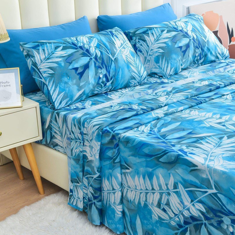 JSD Blue Tropical Leaves Print Sheet Set Queen Size, 6