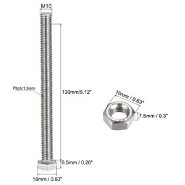 TOP-VIGOR 4Pcs M10 x 130mm Hex Head Screws Bolts, Nuts, Flat & Lock Washers Kits, 304 Stainless Steel Fully Thread Hexagon Bolts for DIY Bike Motorcycles Repair