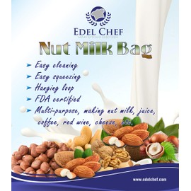 Edel Chef Nut MIlk Bag, 12"X12" Commercial Grade - Reusable Almond Milk Bag & All Purpose Food Strainer - Fine Mesh Nylon Cheesecloth & Cold Brew Coffee Filter - With a Free Recipe