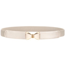 VONMELLI Elastic Skinny Belt for Women Dresses Stretch Thin Black Belt Waist Ladies Belt with Bow Buckle Beige Fit Waist Size 32" to 40"