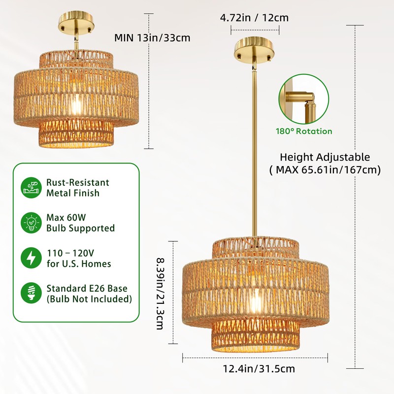 Phaosio 12.4" Boho Rattan Chandelier Hand Woven Rattan Pendant Light