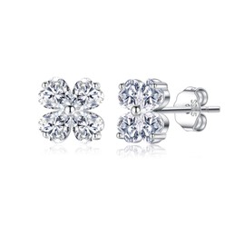 Reffeer Solid 925 Sterling Silver Flower Clover Earrings Studs for Women Teens CZ Flower Stud Earrings Clover (A-Silver)