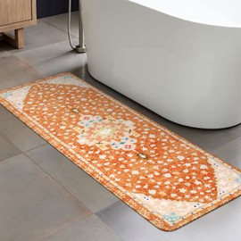 Uphome Long Boho Rug Orange Vintage Floral Bathroom Runner Rug Non-Slip Machine Washable Bath Mat Soft Velvet Oriental Traditional Aesthetic Accent Rug for Sink Shower Doormat Tub, 20x59 inch