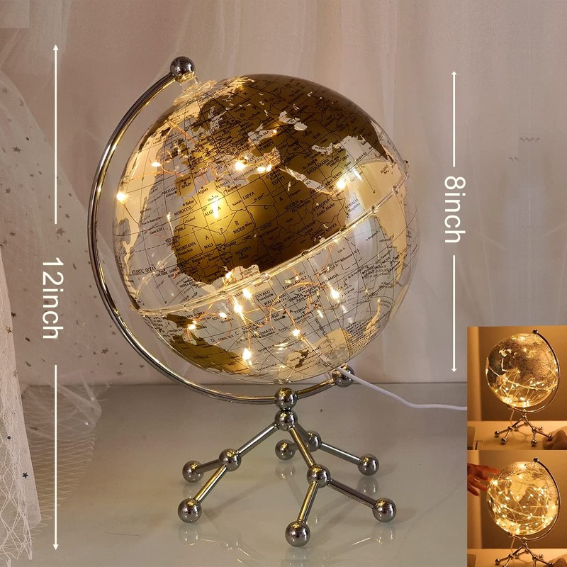 8'' World Globe, Clear Metal Globe with Built-in Gypsophila LED