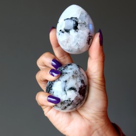 Satin Crystals Moonstone Tourmaline Egg New Beginnings Black White 2.25-2.5 inch