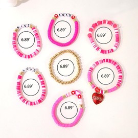 PINCHUAN 6PCS couple Bracelet for Women Love Heart Charm Bracelet Heishi Surfer Clay Bracelet Set Pink/Red Bracelets Accessories Jewelry-Pink
