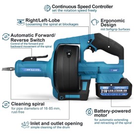 Cordless Drain Auger Compatible with Makita 18V Battery, 610 RPM Electric Plumbing Drain Snake with 9MM 25ft Cleaning Spiral, Hair Clog Remover for 3/4"-3.35" Sewer Pipe (Battery not Included)