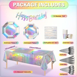 Iridescent Birthday Party Decorations Octagon, 178 Pcs Holographic Party Plates and Napkins Set, Disposable Iridescent Paper Plates Birthday Banner Tablecloth for Mermaid Girl Birthday Theme Party