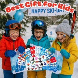 48PCS Skiing Party Set - 24PCS Temporary Tattoos & 24PCS Slap Bracelets - Fun Winter Sports-Themed Birthday Supplies, Baby Shower Gifts, Classroom Rewards & Party Decor for Kids (Boys & Girls)