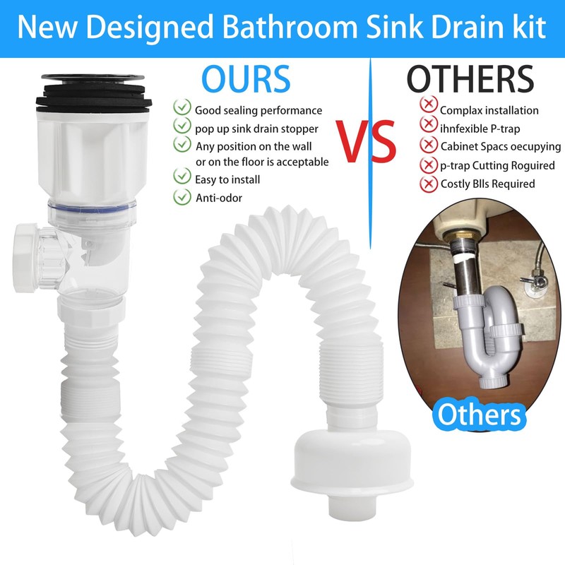 Bathroom Sink Drain Pipe Kit,Bathroom Sink Drain with Strainer Basket