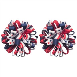 4th of July Hair Bow Clips Patriotic USA American Flag Independence Day Stars Stripes Pompom Hair Accessories Red White Blue