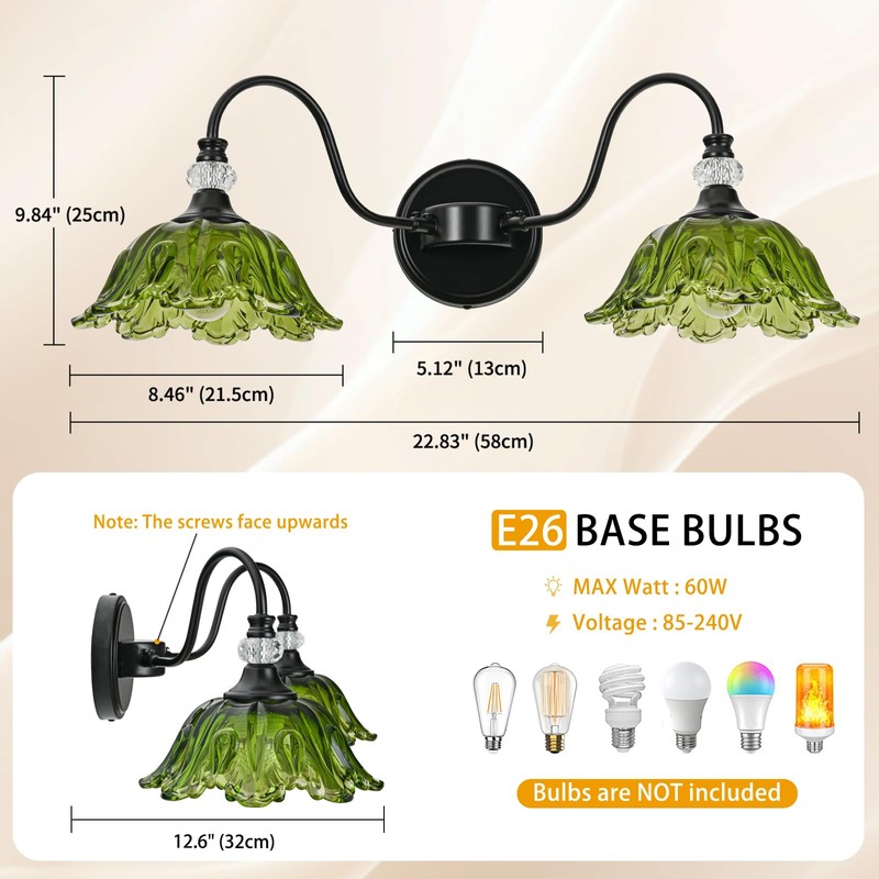 sunkryster Black Bathroom Vanity Light, 2-Light Vanity Light with Floral