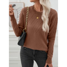 EVALESS Womens Sweaters 2025 Fashion Trendy Fall Round Neck Cable Knit Long Sleeve Diamond Loose Plus Size Chunky Lightweight Pullover Tops Clothes,Coffee Large