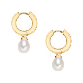 Valero Pearls - Hoop Earrings with Freshwater Pearl - 925 Sterling Silver (Yellow Gold-plated) - Pearl Jewellery with Cubic Zirconia, Zirconia Earrings, Silver Jewelry - 60925044
