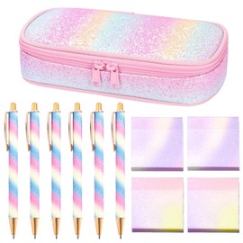 Mangpung Cute School Supplies,Kawaii Stationery Birthday Gifts,Includes Sparkly Glitter Ballpoint Pens,Glitter Rainbow Pencil Holder,Pink Blue Rainbow,for Office School Supplies