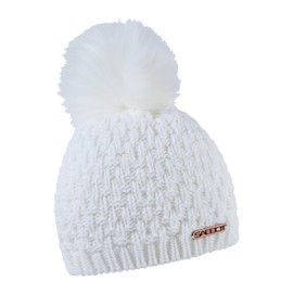 SABBOT Chic Women's Hat with Fur Bobble Fleece Lining Winter Hat Modern Knitting Pattern Warm Cap, White