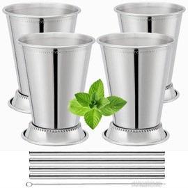 Mint Julep Cups Set of 4 with Straws - Polished Inside - 12oz Commercial Grade - Stainless Steel Mint Julep Cup - Horse Racing Derby Cups - Mint Julep Glasses are Great as Derby Party - Mint Julep Kit