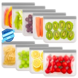 FUNFERY Reusable Sandwich Bags Silicone,9 Pack Quart Reusable Freezer Bags,BPA Free Reusable Zip Bag for Meat,Veggies Fruit,Leakproof Reusable Food Storage Bags for Lunch Food Travel Home Organization