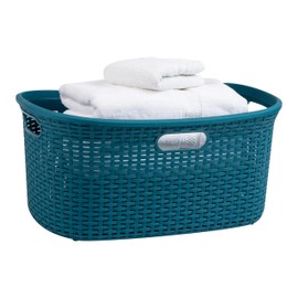 Mind Reader 40L Laundry Basket, Clothes Hamper, Wicker Design, Plastic, 23"L x 14.5"W x 11"H, Blue