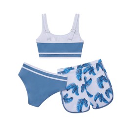 URMAGIC Girls 3 Piece Swimsuits Bathing Suit Cross Color Matching Bikini Set with Shorts Kids Surfing Beach Swimwear