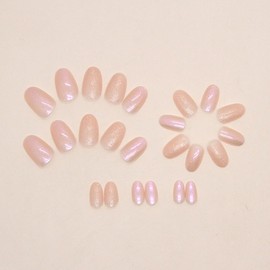 Short Press on Nails Oval Fake Nails Acrylic Nails Glossy Glue on Nails Full Cover Short Press on Nails with Design Flash Powder Electroplating False Nails for Women Manicure Decoration 24Pcs