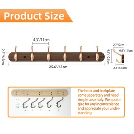 Yundoza Coat Rack Wall Mount, Bamboo Coat Hanger with 6 Zinc Alloy Hooks for Hanging Clothes, Towels, Keys, Hats, Bags(Brown)