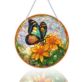 Butterfly Flowers Hanging Diamond Art Kits for Adults, Special Shaped Diamond Painting DIY Acrylic Diamond Painting Window Pendants for Home Garden Wall 5D Gem Art Ornament Kit Double Sided (7x7 inch)