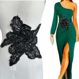 Jpumley.pksn Handmade Rhinestones Applique Sewing Beads Stones Trim Lace Patches Sparkly Multicolor Sew on Sequins Crystal Beaded Accessory for Wedding Dresses DIY Clothes 12X10inches (Black)