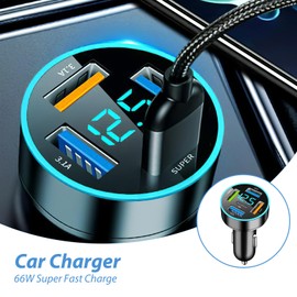 4 Ports Car Charger, USB, USB Socket for Car, with LED Voltmeter, Adapter Quick Charge, Compact and Lightweight, Advanced Security, Compatible with Phone, Android, Pad
