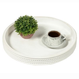 Carah & Cossh Round Wooden Serving Tray, Whitewashed Round Decorative Wood Tray , Round Farmhouse Rustic Decorative Tray, Perfect for Storage and Display (White)