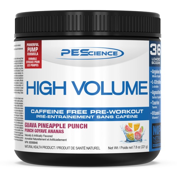 PEScience High Volume Pre Workout Powder with L Arginine Nitrate, Guava Pineapple Punch, 36 Scoops, Caffeine Free