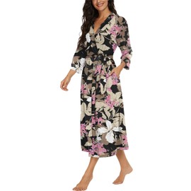 VINTATRE Women Kimono Robes Long Knit Bathrobe Lightweight Soft Knit Sleepwear V-neck Casual Ladies Loungewear FP-Big Leaf Pink-Large