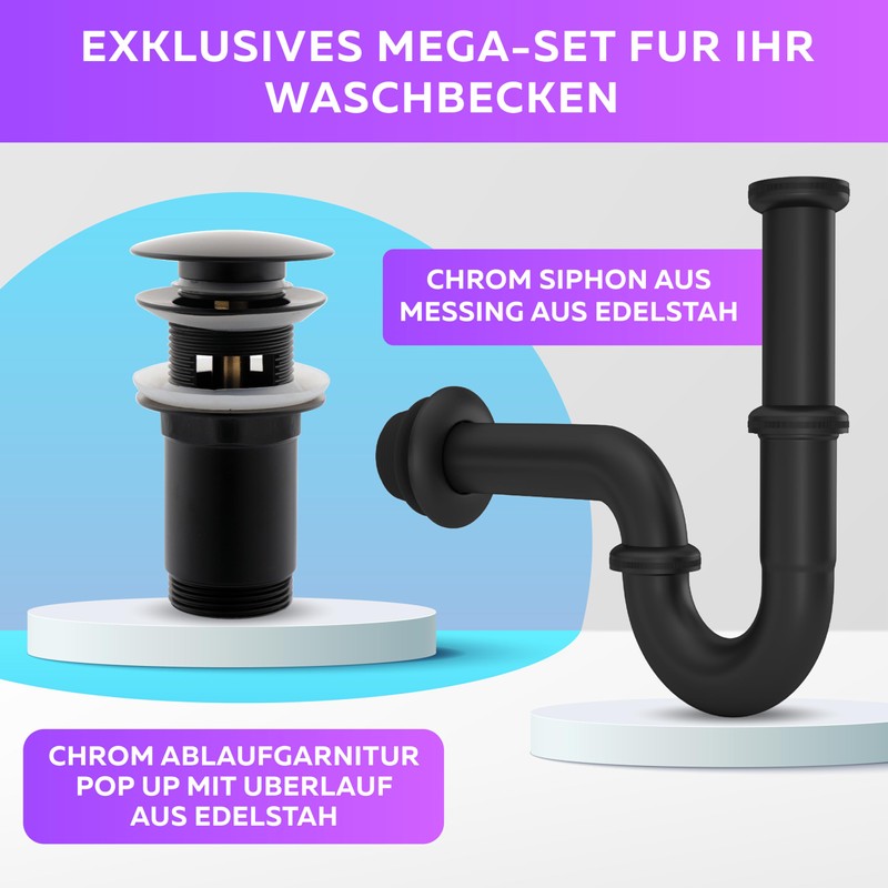 Black Siphon Sink Drain Fitting with Overflow, Pop Up +