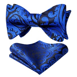 HISDERN Mens Royal Blue Bow Ties Floral Paisley Self Bow Ties for Men Formal Woven Silk Pocket Square Set with Box for Wedding