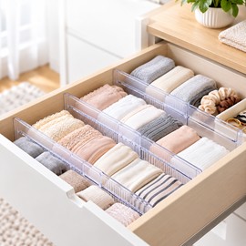 4-Pack Adjustable Drawer Dividers - Clear Expandable Organizers for Drawers, Wardrobes and Cabinets
