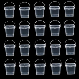 Lobergel 20PCS 10oz Slime Containers with Lids, Squre Clear 280ml Plastic Jars with Handle, Ice Cream Rum Buckets Food Storage Pail Tub for DIY Art Craft Tools Beach Parties