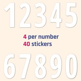 40 Pieces, 6" - Number Stickers, Waterproof Vinyl Stick On Numbers - White