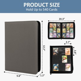 Trading Card Binder 9 Pocket with Zipper, Fvxldcz PU Cover Card Collection Binder 540 Cards Sleek Side-Loading Card Album, Sturdy Card Collection Folder for TCG, MTG, Yugioh, Sport Cards (Gray)