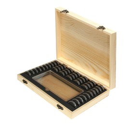 Wooden Coin Capsules Holder Case, Coin Storage Box Banknotes Collection Holder with Lock, Coin Collector Organizer Coin Display Commemorative Case for 40 Coins and 100 Banknotes