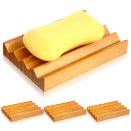 Singhoow 4 Pack Pine Soap Dish Wooden Soap Saver Holder for Bar Shower Bathtub Self Draining Tray Bathroom Kitchen Sink Mother's Day Wedding Accessories Gift 4.72 x 3.15 Inch