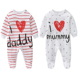 AOMOMO Baby Clothes Newborn Bodysuits I Love Daddy Mummy Romper Set, Cotton Footed Pajamas for Baby Boys and Girls (Preemie)