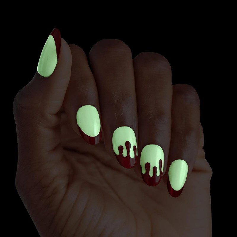 Uñas postizas a presión de Halloween, color borgoña, ovaladas medianas,