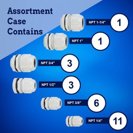 New Age America® 25pcs NPT Cable Glands Kit KableLock™ | 1/4" to 1-1/4" | White | Nylon Cord Grip Strain Relief | Adjustable Locknut Cord Grip | IP68 Waterproof | NPT 1/4", 3/8" 1/2", 3/4", 1", 1-1/4"