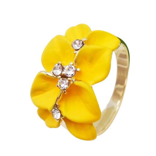 Navachi 18k Gold Plated Clear Crystal Yellow Enamel Leaves Flower