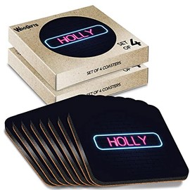 8 x Square Coasters - Neon Sign Design Holly Name Cork Backed MDF Glossy Tea Coffee Accessory #353035