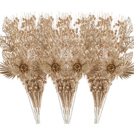 24 Pack Christmas Tree Ornaments - Artificial Flowers Glitter Berry Stems Christmas Floral Picks Branches for Xmas Tree Decorations Vase Filler Holiday Wedding Party Home Decor (Champagne)