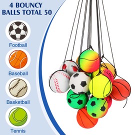 Skylety 50 pcs Wrist Return Ball 1.85'' Rubber Sport Ball with Strap and String Rebound Bouncy Balls Basketball Baseball Soccer Tennis Wristband Toy for Teens Adults Gifts, Wrist Exercise Play